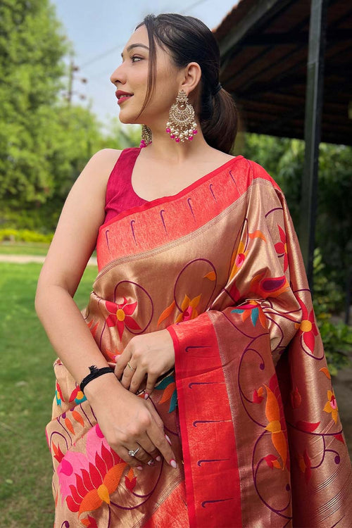 Load image into Gallery viewer, Panache Magenta Paithani Silk Saree With Flaunt Blouse Piece
