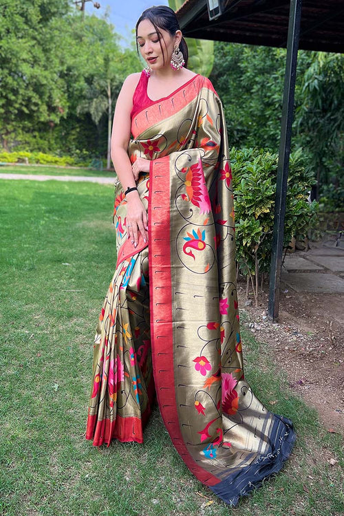 Load image into Gallery viewer, Lustrous Mehndi Paithani Silk Saree With Sizzling Blouse Piece
