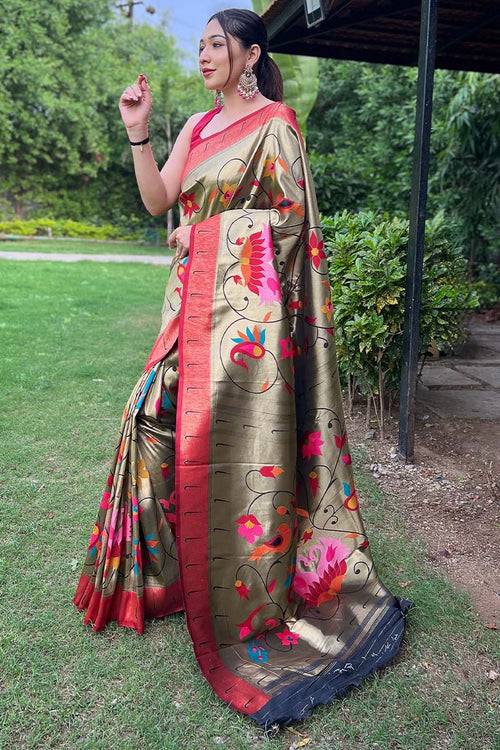 Load image into Gallery viewer, Lustrous Mehndi Paithani Silk Saree With Sizzling Blouse Piece
