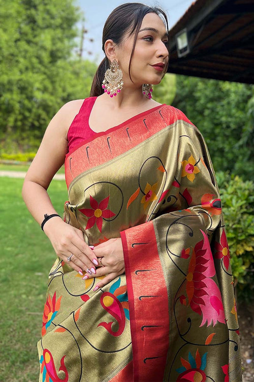 Load image into Gallery viewer, Lustrous Mehndi Paithani Silk Saree With Sizzling Blouse Piece
