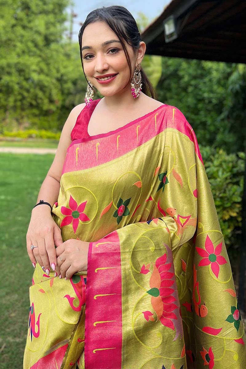 Embellished Mustard Paithani Silk Saree With Alluring Blouse Piece