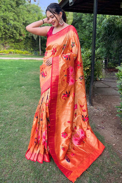 Tantalizing Orange Paithani Silk Saree With Mesmerising Blouse Piece