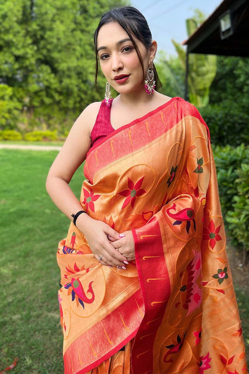 Load image into Gallery viewer, Tantalizing Orange Paithani Silk Saree With Mesmerising Blouse Piece
