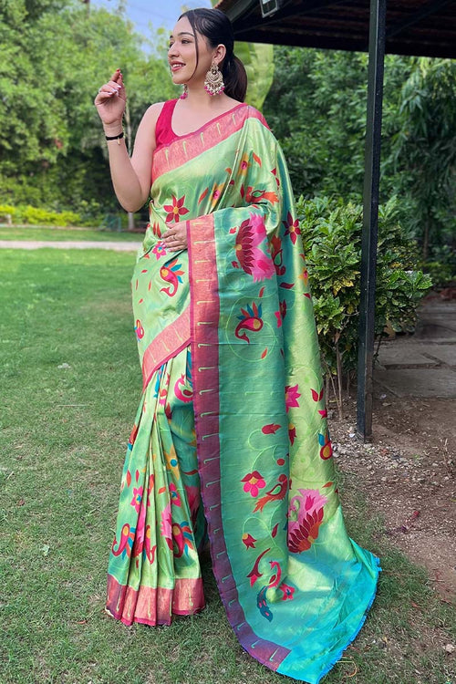 Load image into Gallery viewer, Lustrous Parrot Paithani Silk Saree With Dazzling Blouse Piece
