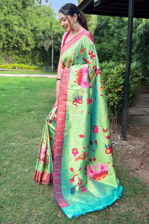 Load image into Gallery viewer, Lustrous Parrot Paithani Silk Saree With Dazzling Blouse Piece
