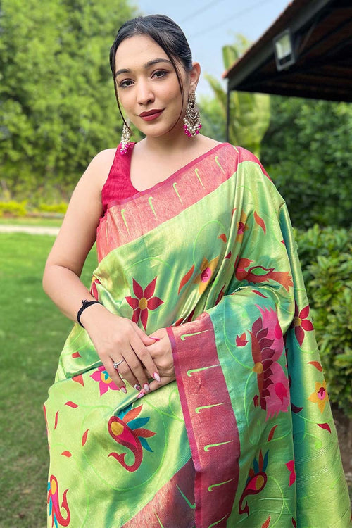 Load image into Gallery viewer, Lustrous Parrot Paithani Silk Saree With Dazzling Blouse Piece
