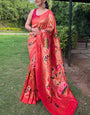 Exemplary Red Paithani Silk Saree With Staring Blouse Piece