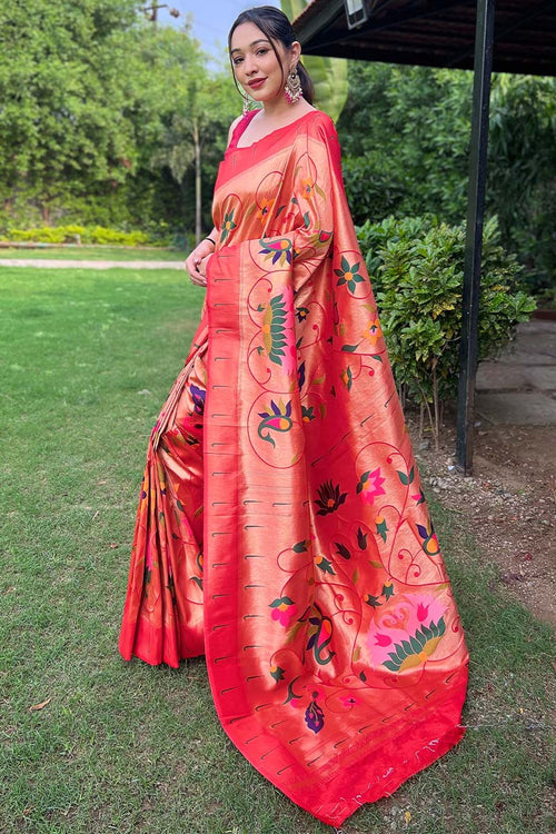 Load image into Gallery viewer, Exemplary Red Paithani Silk Saree With Staring Blouse Piece
