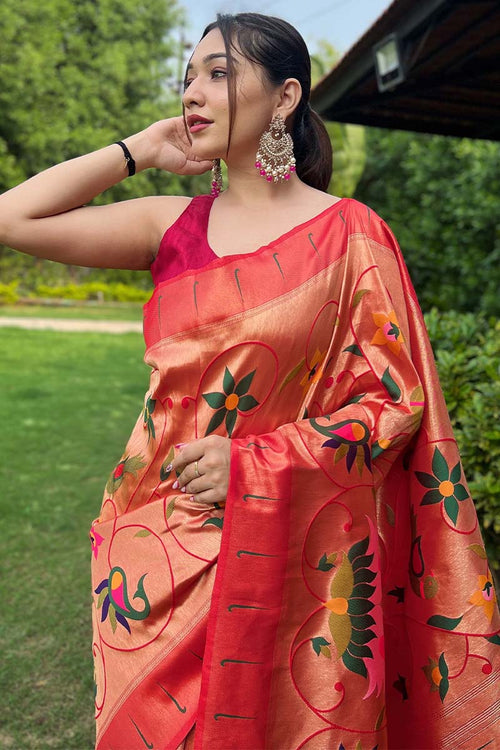 Load image into Gallery viewer, Exemplary Red Paithani Silk Saree With Staring Blouse Piece
