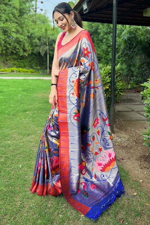 Load image into Gallery viewer, Jubilant Royal Blue Paithani Silk Saree With Glowing Blouse Piece
