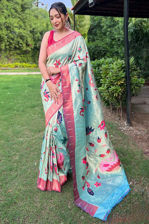 Load image into Gallery viewer, Enigmatic Sea Green Paithani Silk Saree With Intricate Blouse Piece
