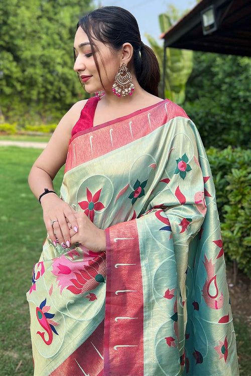 Load image into Gallery viewer, Enigmatic Sea Green Paithani Silk Saree With Intricate Blouse Piece
