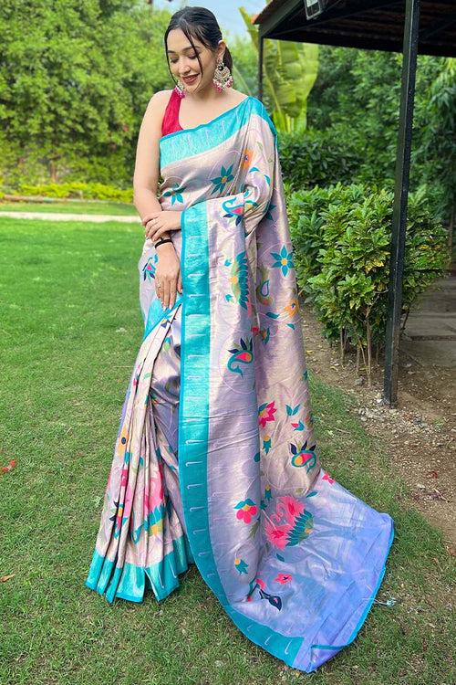 Load image into Gallery viewer, Beguiling Sky Paithani Silk Saree With Breathtaking Blouse Piece
