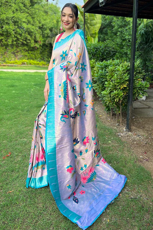 Load image into Gallery viewer, Beguiling Sky Paithani Silk Saree With Breathtaking Blouse Piece
