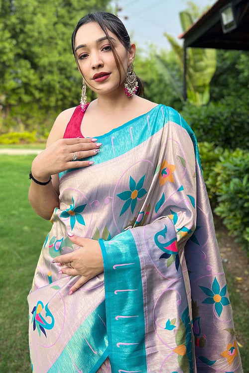 Load image into Gallery viewer, Beguiling Sky Paithani Silk Saree With Breathtaking Blouse Piece
