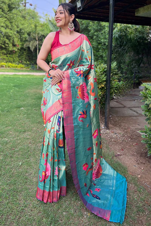 Load image into Gallery viewer, Ethereal Turquoise Paithani Silk Saree With Radiant Blouse Piece
