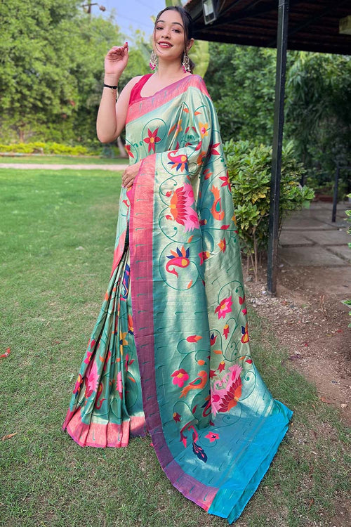 Load image into Gallery viewer, Ethereal Turquoise Paithani Silk Saree With Radiant Blouse Piece
