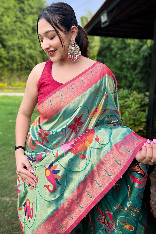 Load image into Gallery viewer, Ethereal Turquoise Paithani Silk Saree With Radiant Blouse Piece
