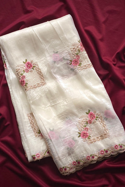 Wonderful Off White Embroidery Work Crush Silk Saree With Inspiring Blouse Piece