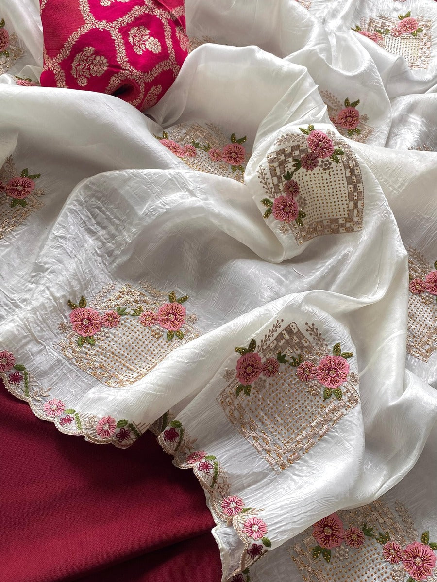 Wonderful Off White Embroidery Work Crush Silk Saree With Inspiring Blouse Piece