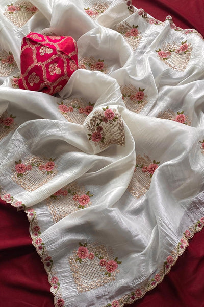 Wonderful Off White Embroidery Work Crush Silk Saree With Inspiring Blouse Piece
