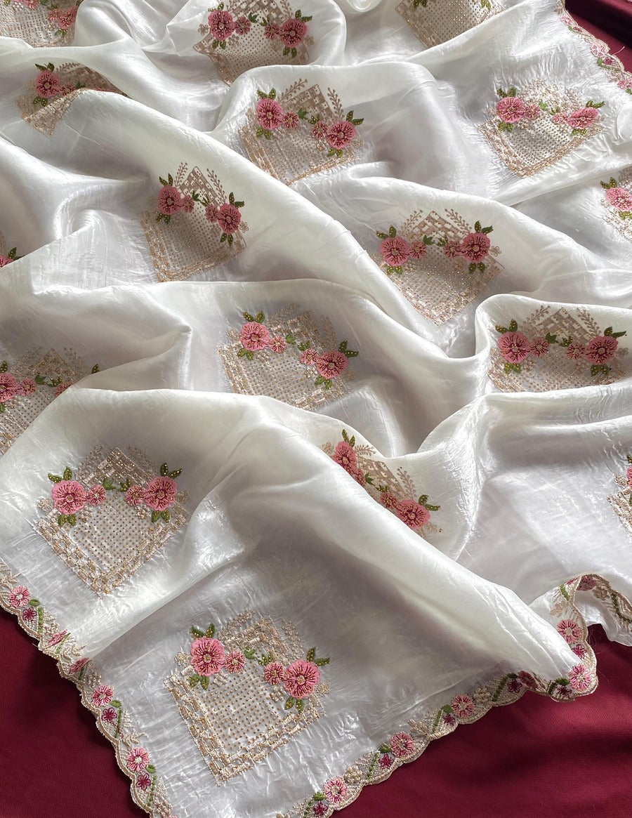 Wonderful Off White Embroidery Work Crush Silk Saree With Inspiring Blouse Piece