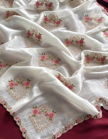Wonderful Off White Embroidery Work Crush Silk Saree With Inspiring Blouse Piece
