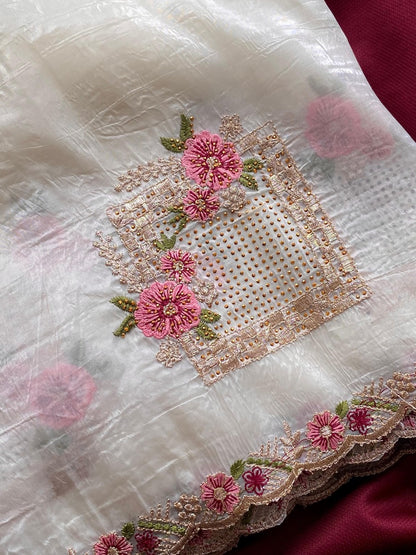 Wonderful Off White Embroidery Work Crush Silk Saree With Inspiring Blouse Piece