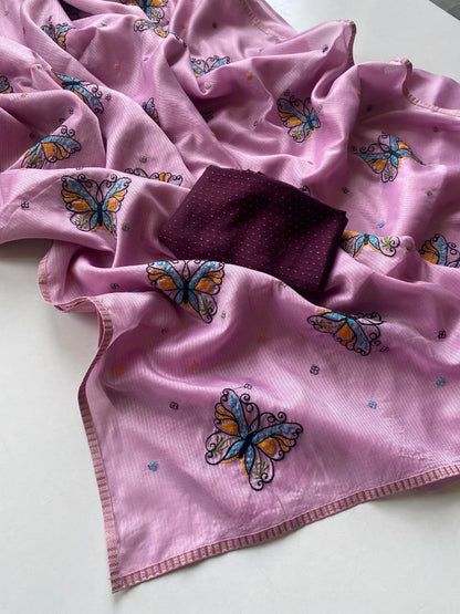 Seraglio Lavender Embroidery Work Kota Silk Saree With Super extravagant Blouse Piece