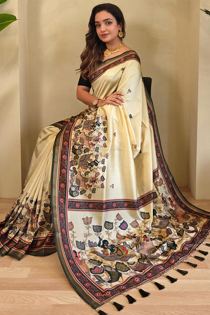 Ephemeral Beige Kalamkari Printed Viscose Dola Silk Saree With Beleaguer Blouse Piece