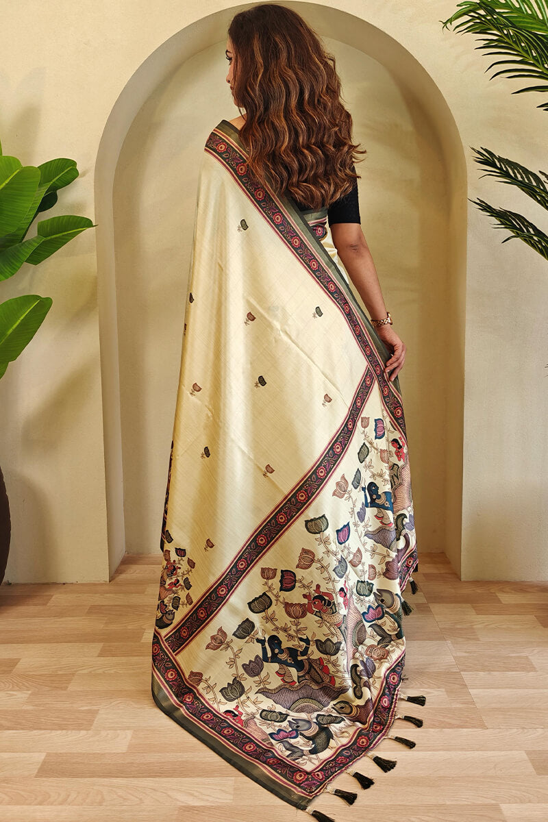 Ephemeral Beige Kalamkari Printed Viscose Dola Silk Saree With Beleaguer Blouse Piece
