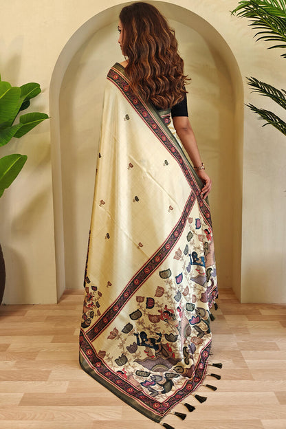 Ephemeral Beige Kalamkari Printed Viscose Dola Silk Saree With Beleaguer Blouse Piece