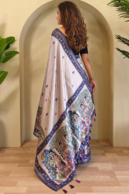 Stunner Lavender Kalamkari Printed Viscose Dola Silk Saree With Majesty Blouse Piece