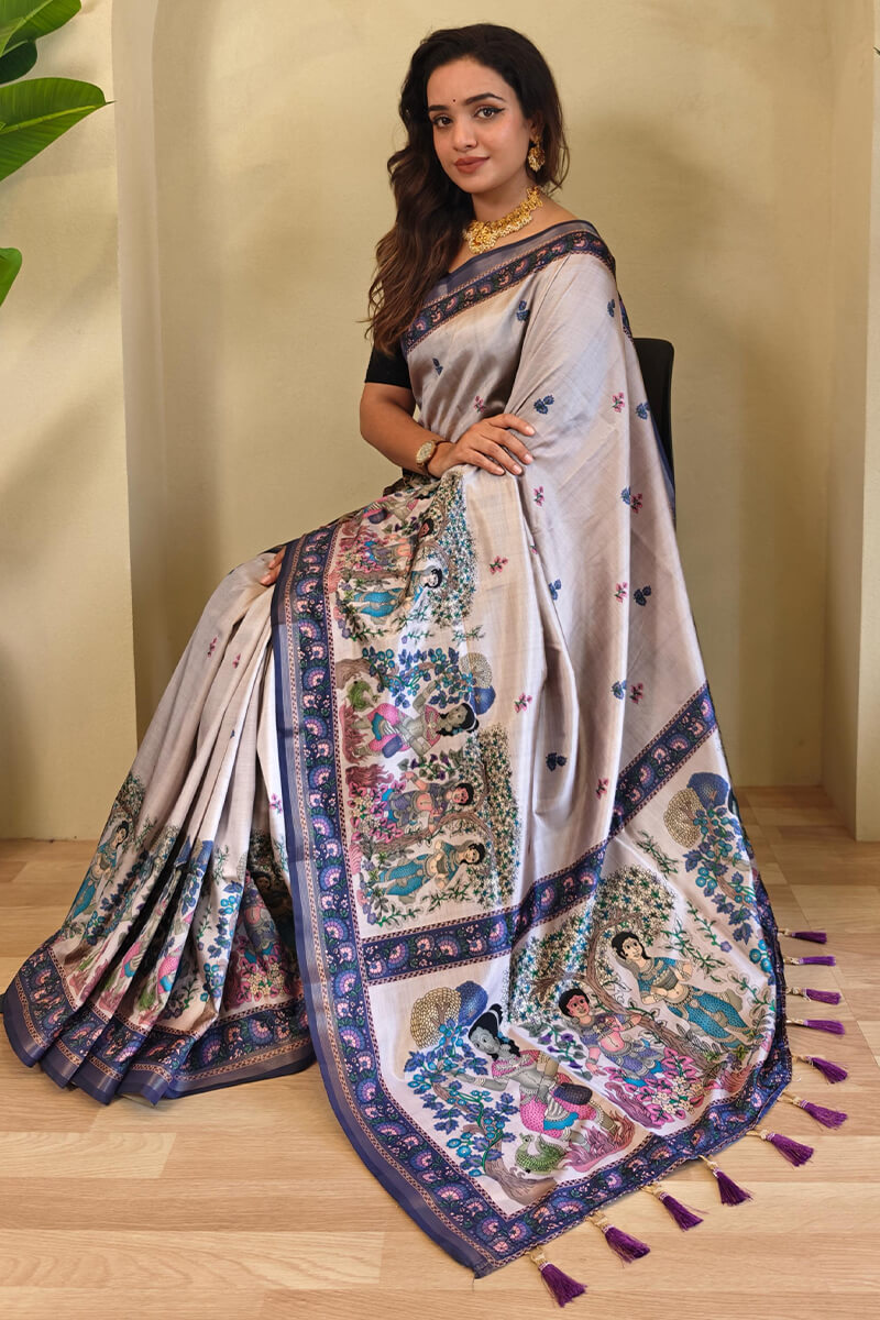 Stunner Lavender Kalamkari Printed Viscose Dola Silk Saree With Majesty Blouse Piece