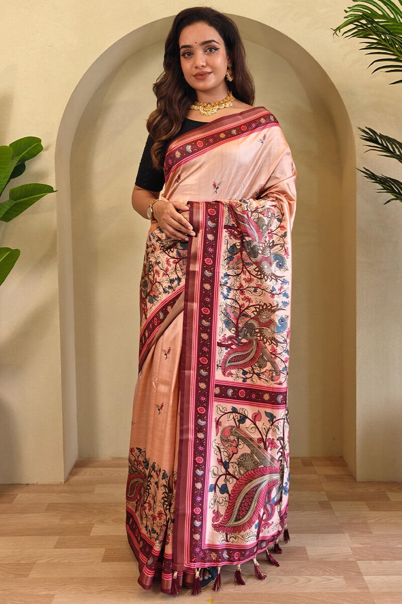 Jazzy Peach Kalamkari Printed Viscose Dola Silk Saree With Unique Blouse Piece