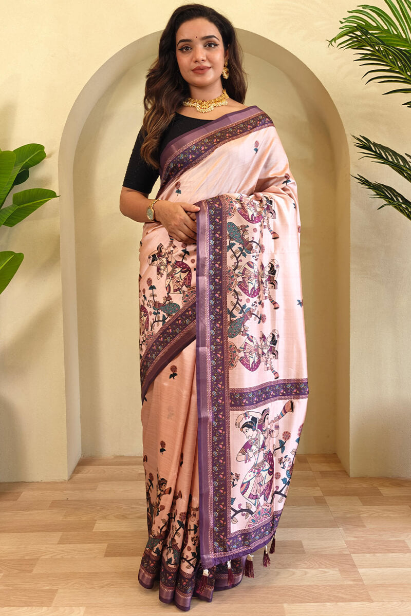 Sizzling Pink Kalamkari Printed Viscose Dola Silk Saree With Pretty Blouse Piece