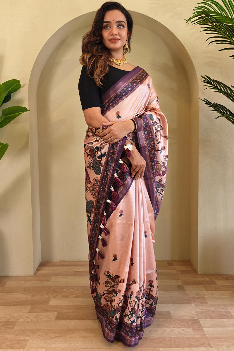 Sizzling Pink Kalamkari Printed Viscose Dola Silk Saree With Pretty Blouse Piece