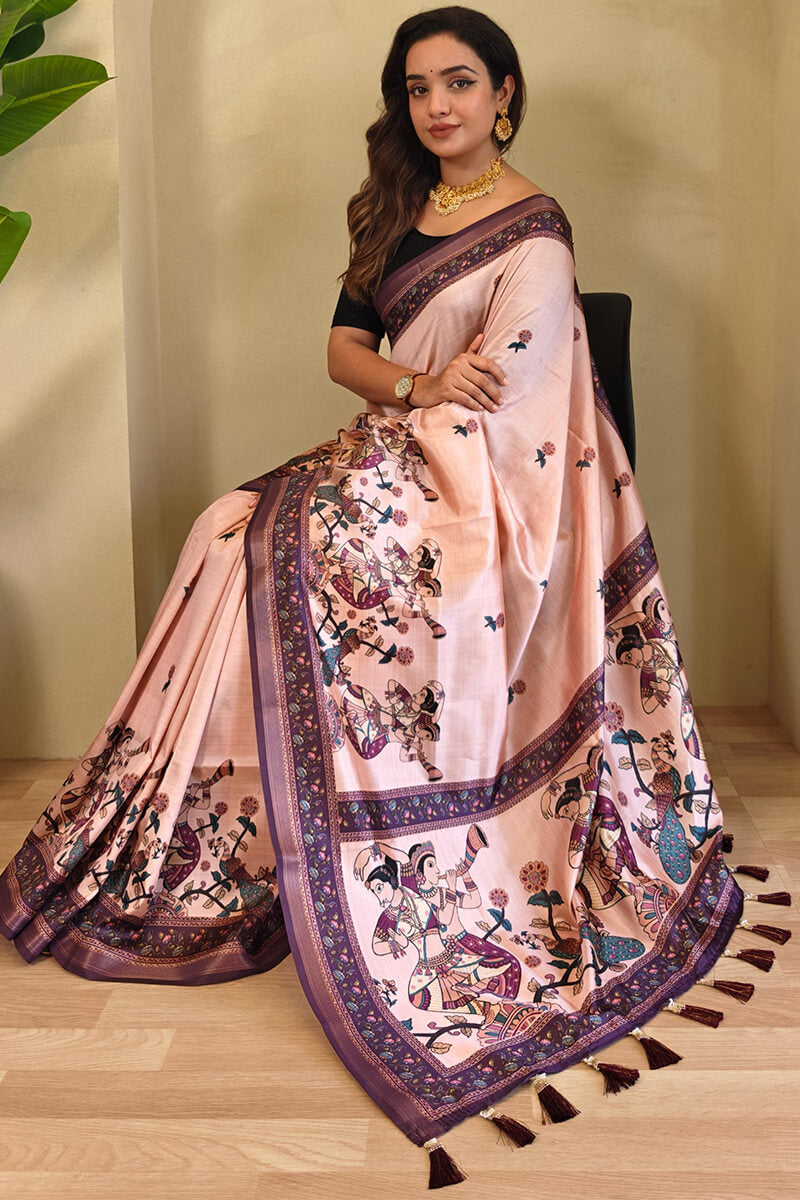Sizzling Pink Kalamkari Printed Viscose Dola Silk Saree With Pretty Blouse Piece