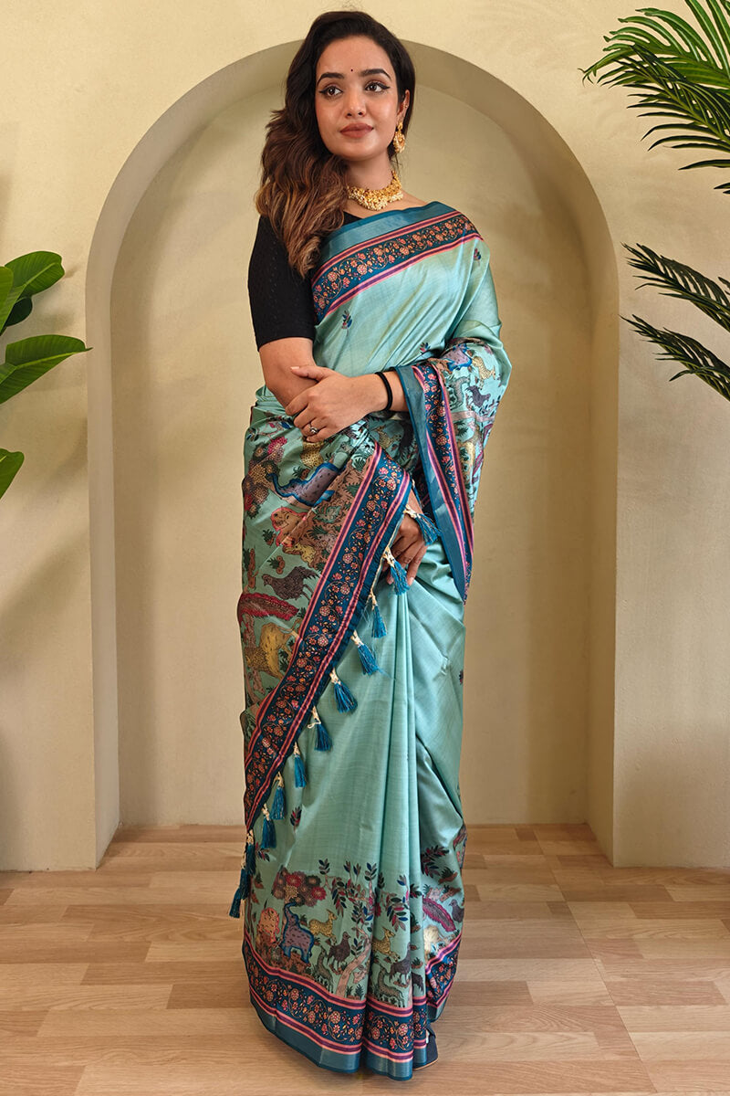 Energetic Sea Green Kalamkari Printed Viscose Dola Silk Saree With Capricious Blouse Piece