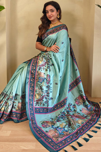Energetic Sea Green Kalamkari Printed Viscose Dola Silk Saree With Capricious Blouse Piece