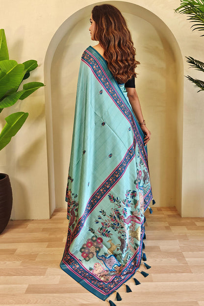Energetic Sea Green Kalamkari Printed Viscose Dola Silk Saree With Capricious Blouse Piece