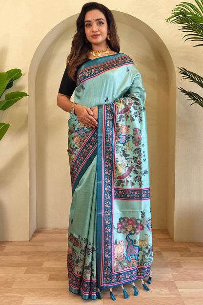 Energetic Sea Green Kalamkari Printed Viscose Dola Silk Saree With Capricious Blouse Piece