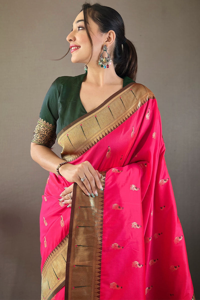 Skinny Dark Pink Paithani Silk Saree With Beautiful Blouse Piece