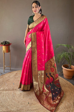 Skinny Dark Pink Paithani Silk Saree With Beautiful Blouse Piece