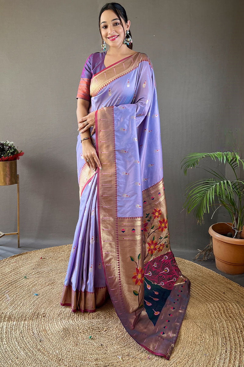 Sensational Lavender Paithani Silk Saree With Precious Blouse Piece