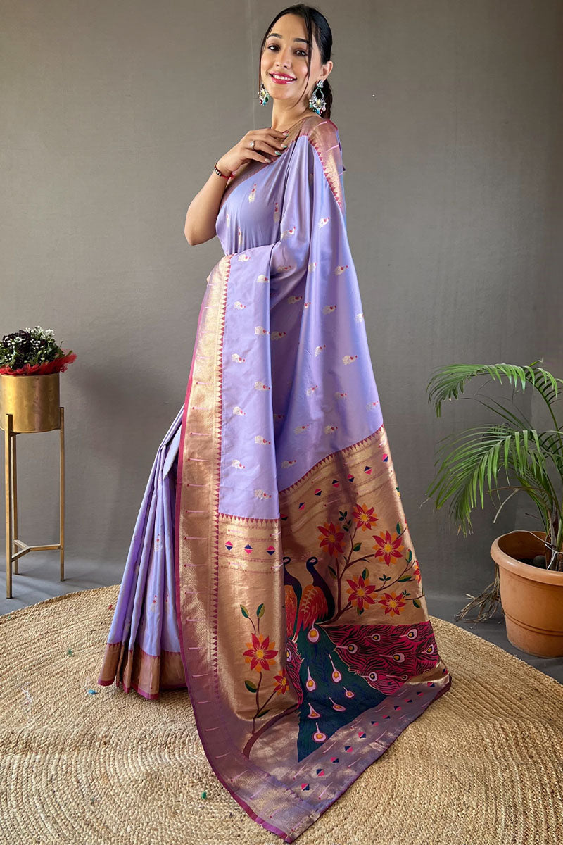 Sensational Lavender Paithani Silk Saree With Precious Blouse Piece
