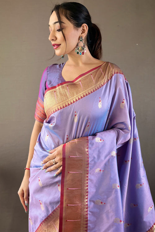 Load image into Gallery viewer, Sensational Lavender Paithani Silk Saree With Precious Blouse Piece
