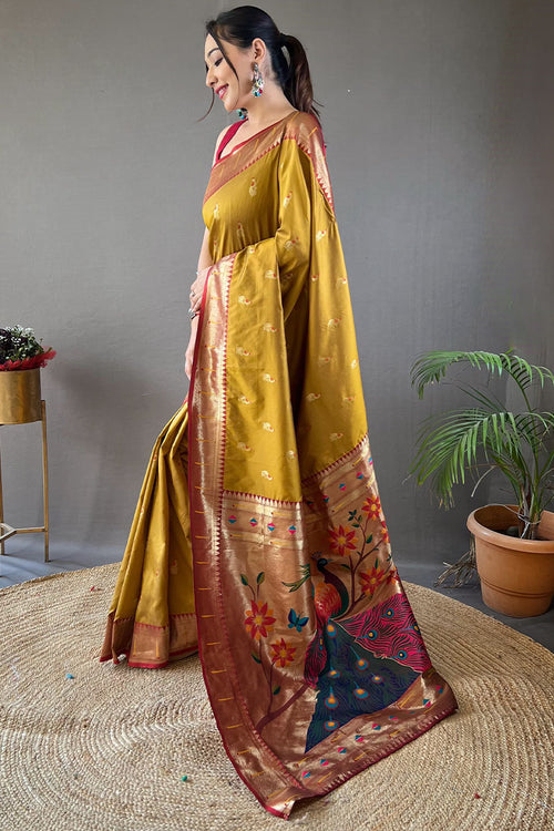Load image into Gallery viewer, Flattering Mustard Paithani Silk Saree With Adorning Blouse Piece
