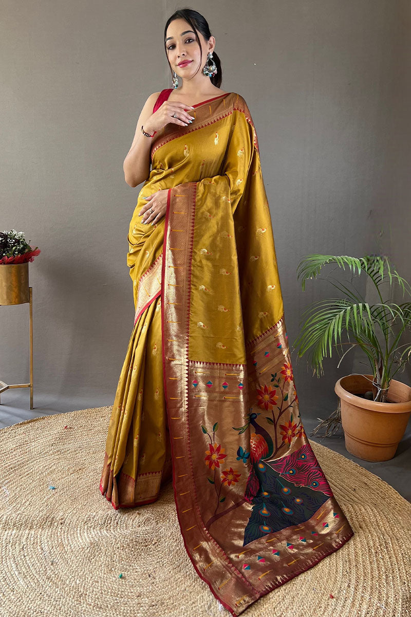 Flattering Mustard Paithani Silk Saree With Adorning Blouse Piece