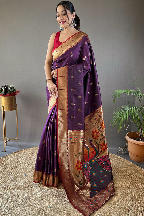 Load image into Gallery viewer, Appealing Purple Paithani Silk Saree With Flameboyant Blouse Piece
